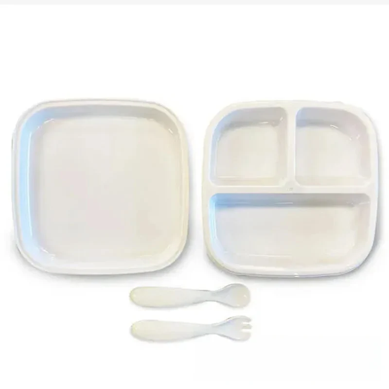 Set Silikon tallrik med skedar - Babytallrik - barnservis set vit