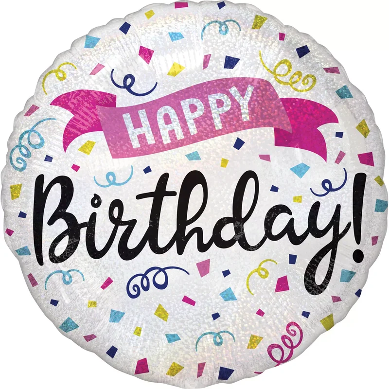 Folieballong, holographic happy birthday 45 cm