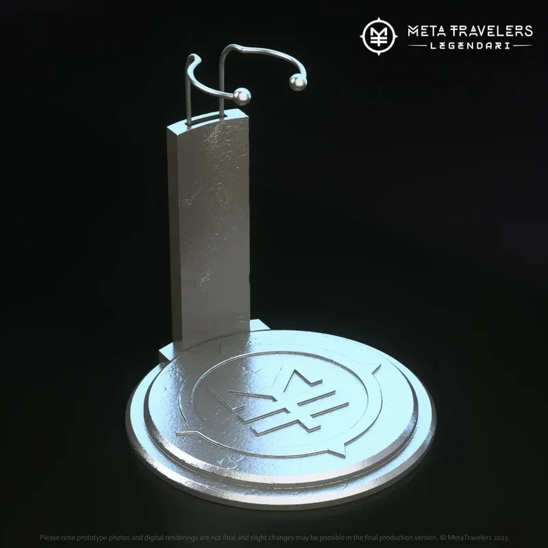Legendari Action Figur Stand med MetaTravelers Logotyp