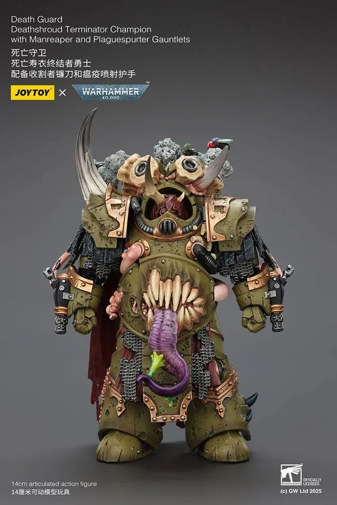 Warhammer 40k Action Figur 1/18 Death Guard Deathshroud Terminator Champion med Manreaper och Plaguespurter Gauntlets 14 cm