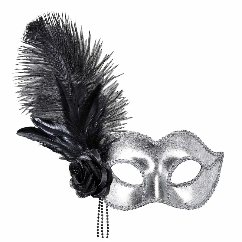Ögonmask, silver venice med fjäder