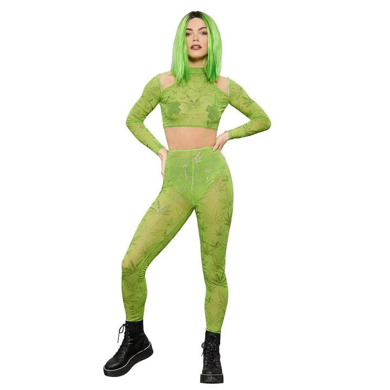 Bodysuit, Fever Cannabis Sheer Crop Top & Leggings