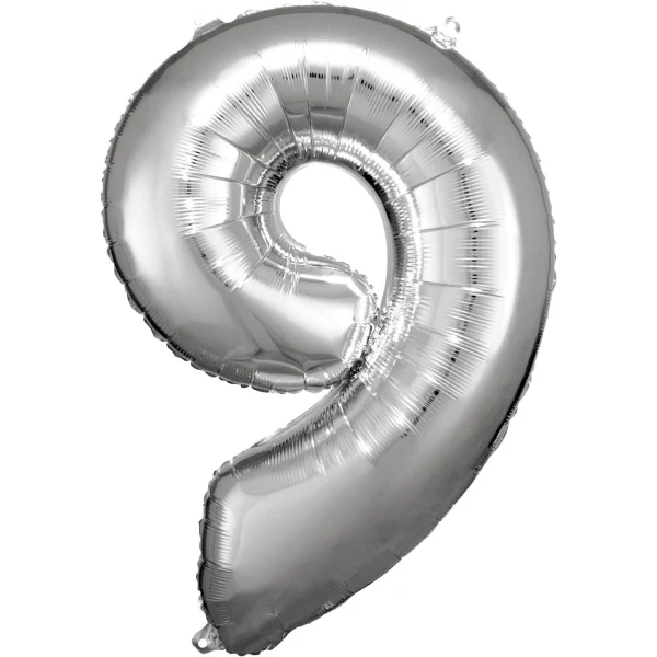 Folieballong, siffra 9 silver 86 cm