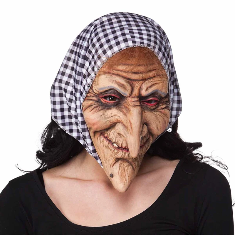 Latexmask, häxa med sjal