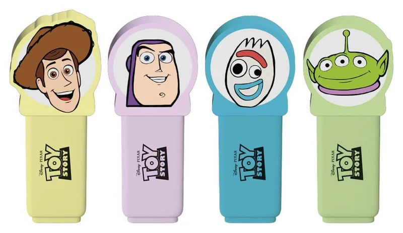 Set med 4 färgglada överstrykningspennor med 3D-silikontopper – Toy Story