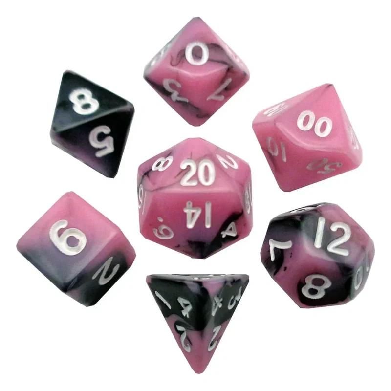 FanRoll Mini Dice Set Rosa/Svart med Vita Siffror (7)